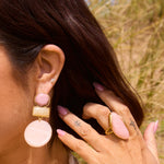 blush statement drop earrings with carved resin disc, gold tone setting and rose cabochon stone — uk jewellery 