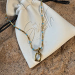 Silver beaded bar chain necklace with turquoise bead accents and a rectangular mother of pearl pendant, uk jewellery 